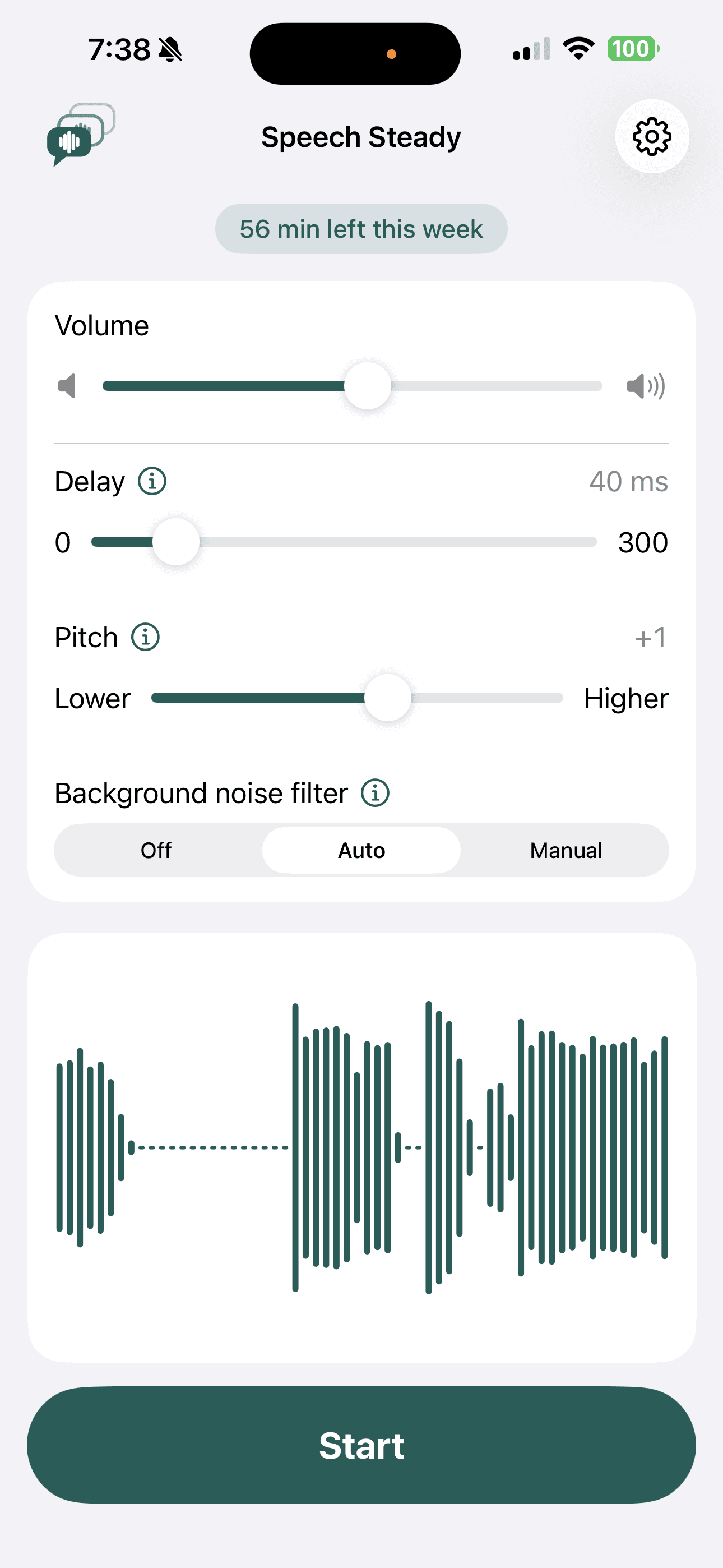 The Speech Steady main screen: 56 minutes left this week, sliders for volume, delay set to 40 milliseconds, and pitch, a background noise filter set to Auto, a live waveform, and a Start button.